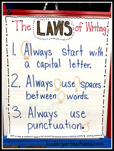 a sign that says the laws of writing i always start with a capital letter 2 always use spaces between words 3 always use punctuation