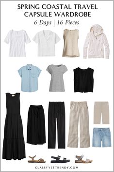 6-Days Spring Coastal Travel Capsule Wardrobe: 16 Pieces, 12 Outfits - Classy Yet Trendy Travel Capsule Wardrobe Spring, Dresses Design Ideas, Maternity Capsule Wardrobe, Minimalist Wardrobe Essentials, Capsule Wardrobe Casual, Spring Summer Capsule Wardrobe, Grandma Fashion, Dresses Design