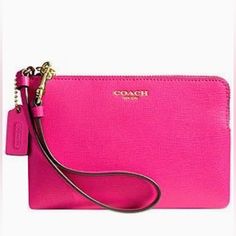 Nwt Coach 49377 Saffiano Wristlet - Pink Italian Saffiano Leatherinside Open Pocketzip-Top Closurefabric Lininggold Hardwarestrap With Clip To Form A Wrist Strap Or Attach To The Inside Of A Bag 6 1/4" (L) X 4" (H) Pink Wristlet, Wrist Wallet, Vintage Coach Bags, Pink Crossbody Bag, Black Wristlet, Pink Party, Coach Shoulder Bag, Purple Leather, Small Tote