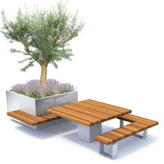 a wooden table and bench with a planter on top