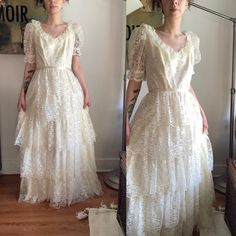 "1960s ruffle lace layer wedding dress In excellent vintage condition. No noticeable stains, but does have that vintage smell.  The dress says size 11, but I gather it's closer to a small/medium today.  Zips at the back.  Comes with petticoat skirt and wires (not pictured) it's a white petticoat and the wires look like they've only been used once.  Measurements are laying flat:  Armpit to armpit:17\" Shoulder to hem: 59\" Waist:14\" Hips: 16\" If you have any questions, please feel free to ask." Cream Vintage Dress With Ruffles For Wedding, Cream Vintage Wedding Dress With Ruffles, Lace Victorian Dress With Ruffles For Wedding, Vintage Victorian Dress With Lace Bodice, Vintage Tiered Dress With Lace Trim, Vintage Tiered Lace Trim Dresses, Vintage Victorian Lace Dress, Vintage Cream Victorian Dress With Lace Trim, Lace Victorian Dress With Ruffles For Vintage Events