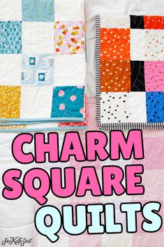 two quilts with the words charm square quilts written in pink and blue on them