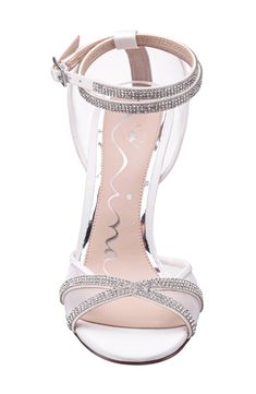 Signature crystals brighten the straps of a stunning sandal that's elevated on a slim heel. 4" heel Wraparound ankle strap with buckle closure Synthetic upper and lining/leather sole Imported Crystal Embellished Ankle Strap Wedding Shoes, Open Toe Sandals With Buckle Closure For Prom, Prom Sandals With Buckle Closure And Open Toe, Elegant Sandals With Buckle Closure For Prom, Rollerball Perfume, Men Loafers, Platform Slippers, Maternity Shops, Kids Sandals