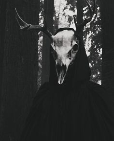 a black and white photo of a deer's head wearing a hooded jacket with horns