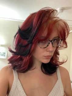 Red Hair With Black Tips Short, Red In Brunette Hair, Red Fox Hair Color, Fox Dyed Hair Tips, Medium Length Hair Dye Ideas, Funky Red Hair, Red With Black Tips Hair, Black And Red Hair Short Wolfcut, Red Frosted Tips Hair