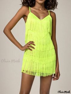 Olivia Mark - Sleeveless Fringe Cocktail Dress for Formal Occasions and Evening Events Dresses For Formal Events, Cocktail Dress Elegant, Cocktail Dress Short, Lime Green Dress, Butterfly Print Dress, Elegant Attire, Loose Fit Shirts, Evening Gowns Elegant, Solid Color Dress