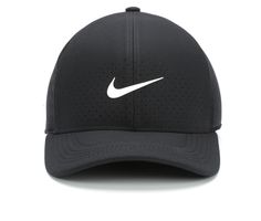 Keep your head cool all summer long wearing the Nike® Arobill Fitted Cap! This fitted baseball cap has a curved bill design and Dri-FIT construction to help wick moisture away from your skin to keep you cooler. Breathable Dri-FIT construction,Sweatband for added comfort,Curved bill cap design,2 1/2 inch bill,Vent ports for added comfort,Nike® branding details,One size fits most | Nike Arobill Fitted Cap in Black/White Nike Baseball Cap Snapback, Nike Adjustable Snapback Baseball Cap, Nike Snapback Hat With Curved Visor, Nike Adjustable Snapback Hat With Curved Visor, Nike Sporty Adjustable Hat, Adjustable Nike Baseball Cap, Nike Curved Brim Baseball Cap For Sports, Nike Baseball Cap With Curved Brim For Sports, Nike Baseball Cap With Curved Visor For Outdoor