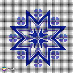 a cross stitch pattern in blue and white, with the shape of a snowflake