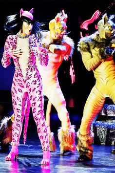 three people in costumes on stage with one person dressed as a cat and the other as a dog