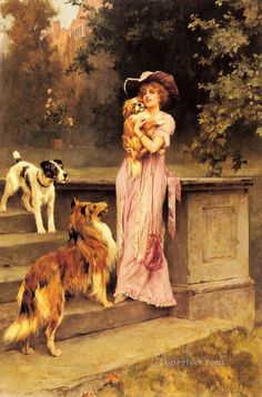 a painting of a woman holding a dog and two other dogs standing on the steps