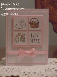 a card with some pictures on it and a pink ribbon around the edges that says hello spring