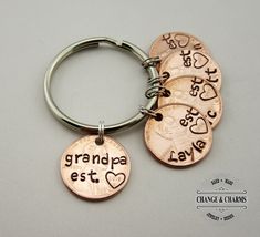 four personalized copper key chains with the words grandpa est and love written on them