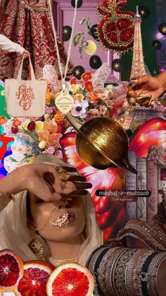 a collage of various items including oranges and other things in the background with an image of a woman holding a bell above her head