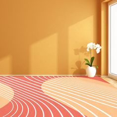 a vase with white flowers sitting on top of a rug in front of a window