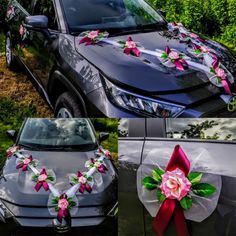 the car is decorated with pink flowers and ribbons on it's front, side, and back sides