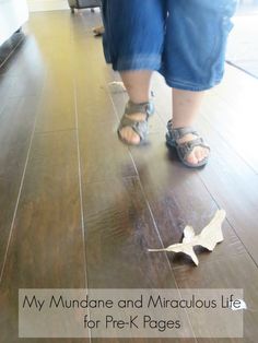 a person standing on top of a hard wood floor next to a wooden floor with text overlay that reads, my mundane and ridiculous life for pre k pages