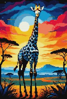 a painting of a giraffe standing in front of a sunset