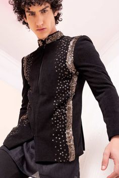 Black jodhpuri with sequins hand embroidery. Paired with a plain short kurta and a matching pant. - Aza Fashions Party Wear Embellished Kurta For Diwali, Embellished Party Wear Kurta For Diwali, Designer Party Wear Kurta For Festivals, Embellished Long Sleeve Bandhgala For Festivals, Embellished Bollywood Bandhgala With Long Sleeves, Bollywood Style Embellished Long Sleeve Bandhgala, Bollywood Embellished Sherwani For Party, Embellished Bollywood Bandhgala, Embellished Sherwani For Eid Party