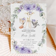 Woodland Animal Purple Floral Greenery Baby Shower Invitation Purple Floral Baby Shower Ideas, Purple And Green Baby Shower Ideas, Floral Baby Shower Ideas, Animal Theme Baby Shower, Purple Baby Shower, Animal Baby Shower Theme, Baby Shower Purple, Green Baby Shower, Floral Greenery