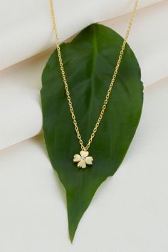 10k 14k 18k Solid Gold Diamond Clover Leaf Necklace, Clover Four Leaf Charm Necklace, Gold Lucky Clover Necklace, Shamrock Anniversary Gift for Her, St Patricks Day FEATURES * Solid Gold (real gold, not gold plated or gold filled material) * Gold Karat: 10K (417) - 14K (585) - 18K (750) (optional) * Pendant Height: 0.27 Inches (0.69 cm) * Pendant Width: 0.27 Inches (0.69 cm) * Available Gold Color: Yellow gold, rose gold and white gold (optional) * Diamond weight: 0.01 ct * Diamond color: G-H Co Dainty Yellow Gold Charm Necklace For Good Luck, Good Luck Yellow Gold Necklaces With Delicate Chain, 14k Yellow Gold Good Luck Necklace, Good Luck Yellow Gold Necklace With Delicate Chain, Dainty 14k Gold Charm Necklace For Gift, 14k Gold Charms Necklace, Gift For Her, 14k Yellow Gold Necklace For Good Luck, Tarnish Resistant 14k Gold Necklace As A Gift, Tarnish Resistant 14k Gold Necklace For Gift