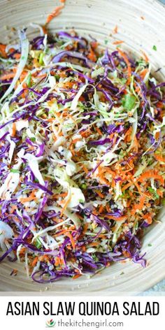 Meal prep and eat clean with Asian slaw quinoa salad with Sesame Ginger Vinaigrette. Enjoy this vegan salad or add chicken, pork, or shrimp for added protein #vegan #glutenfree #asiansalad #asianslaw #sesame #orientalsalad #mealprep Cajun Coleslaw, Recipes Diner, Cabbage Salads, Asian Slaw Salad, Budha Bowls, Asian Slaw Recipe, Asian Cabbage Salad, Salad Coleslaw, Ginger Vinaigrette