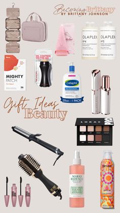 an assortment of beauty products displayed on a white background with the words gift ideas for beauty written below