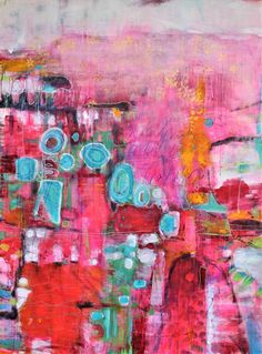 an abstract painting with lots of different colors and shapes on it's surface, including pink