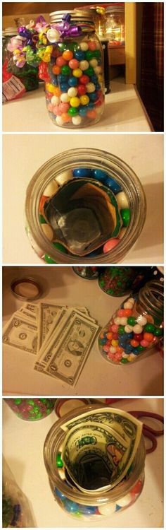 two pictures of money in a jar with the lids open and one is filled with candy