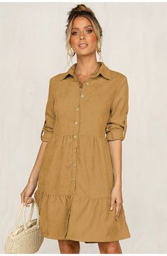 Turn Down Office Long Sleeve Mini Dress Casual Solid Color Button-up Mini Dress, Casual Solid Color Shirt Dress For Fall, Casual Beige Long Sleeve Shirt Dress, Casual Button-up Mini Dress In Solid Color, Casual Brown Dress With Buttons, Solid Mini Dress With Buttons For Fall, Fall Solid Mini Dress With Buttons, Casual Solid Dress With Button Cuffs, Casual Shirt Dress With Covered Buttons For Fall