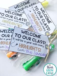 welcome to our class tags in plastic bags with markers and crayons on them