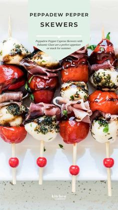 Peppadew Pepper Caprese Skewers with Balsamic Glaze. Salad Skewers, Caprese Salad Skewers, Peppadew Peppers, Skewer Appetizers, Caprese Skewers, Skewer Recipes, Balsamic Glaze, Perfect Appetizers, Holiday Food