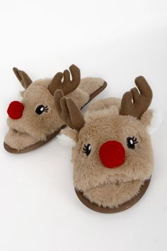 Reindeer Slippers Fuzzy Reindeer Slippers, Festive Slippers, Reindeer Slippers, Christmas Preppy, Holiday Slippers, Christmas Slippers, Rudolph Christmas, Bear Slippers, Reindeer Face