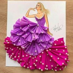 a drawing of a woman in a purple dress with pearls on it's skirt