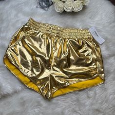 The Perfect Gold Shorts Size Xxl Please See Measurements. Has Pockets! These Shorts Are So Amazing! A Metallic Dream! #Goldshorts #Metallic #Guilded #Gold Gold Bottoms With Built-in Shorts For Summer, Gold High-waisted Shorts For Summer, Summer High-waisted Gold Shorts, Gold Bottoms For Summer Vacation, Spring Beach Gold Bottoms, Gold Stretch Bottoms Short Length, Gold Stretch Summer Shorts, Gold Stretch Short Bottoms, Gold Bottoms With Elastic Waistband For Summer