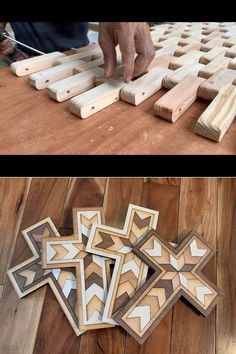 two pictures showing the process of making wooden blocks with different shapes and sizes on them