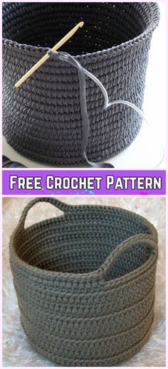 crochet basket pattern with two pictures showing how to make it