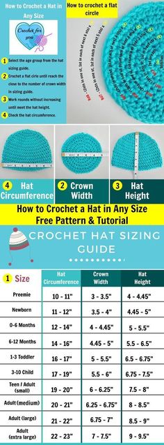 the instructions for crochet hat sizes and how to use them in this project