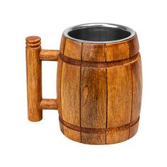 a wooden barrel shaped mug with a handle