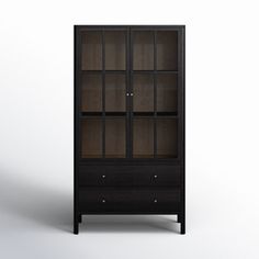 a black bookcase with glass doors on the front and bottom, against a white background