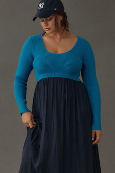 Two is always better than one. Think Thea, our fan-fave twofer dress that features a tight-knit ribbed bodice and flowy skirt. u200b | The Thea Twofer Sweater Dress: Scoop-Neck Edition by Anthropologie in Blue, Women's, Size: 2XS, Polyester/Nylon/Viscose Spring Ribbed Dress For Layering, Fitted Ribbed Dresses For Layering, Spring Ribbed Dress With Scoop Neck, Spring Ribbed Scoop Neck Dress, Twofer Sweater, Twofer Dress, Polyester Skirt, Layered Sweater, Layer Style