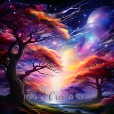 an artistic painting with trees and planets in the background