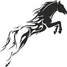 a black and white silhouette of a running horse with flames on its back, viewed from the side