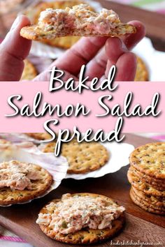 baked salmon salad spread on crackers with text overlay that reads baked salmon salad spread