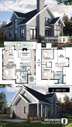 two story house plan with three floors and an open floor plan for the first level