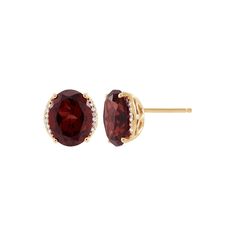 Bedazzle everyone with these gorgeous studs which exude a sense of feminine charm. Add a touch of red to your outfit with these 10K yellow gold earrings featuring 9 by 7 mm oval-cut natural garnet stones surrounded by round-cut diamonds to make you shine. Wear them as a classic accessory for an elegant evening look. Size: one size.  Gender: female.  Age Group: adult. Red Stone Earrings Gold Studs, Oval Stud Earrings, Yellow Gold Earrings, Garnet Stone, Yellow Gold Earring, Round Cut Diamond, Oval Cut, Round Cut, Gender Female