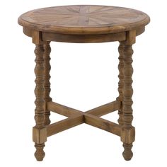 a small wooden table with two legs and a circular design on the top, sitting against a white background