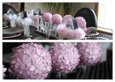 the table is decorated with pink and white decorations