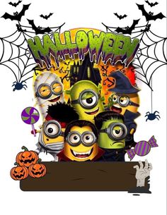 a group of minion halloween characters with bats and pumpkins