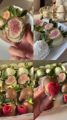 there are two pictures with strawberries and chocolates in the shape of flowers on them