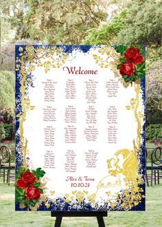 a welcome sign with red flowers on it in the middle of a grassy area next to chairs